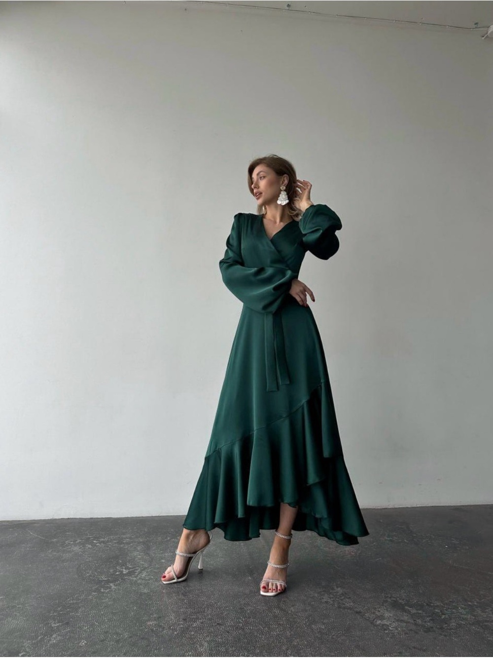 Emerald Green Silk Wrap Maxi Dress Long Bishop Sleeves Emerald Silk Wrap Gown